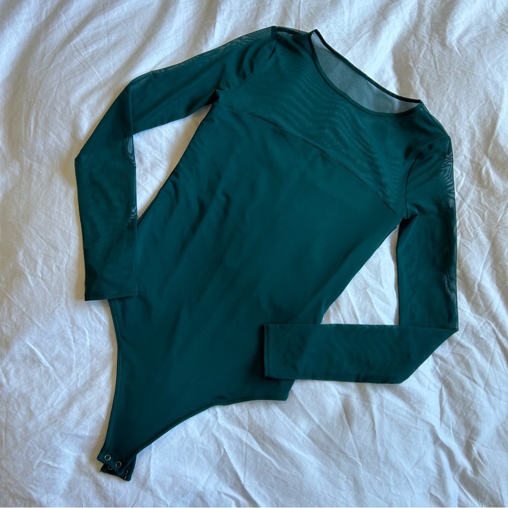 Abercrombie & Fitch Women Long-Sleeve Mesh Crew Bodysuit Teal Green - Picture 3 of 3